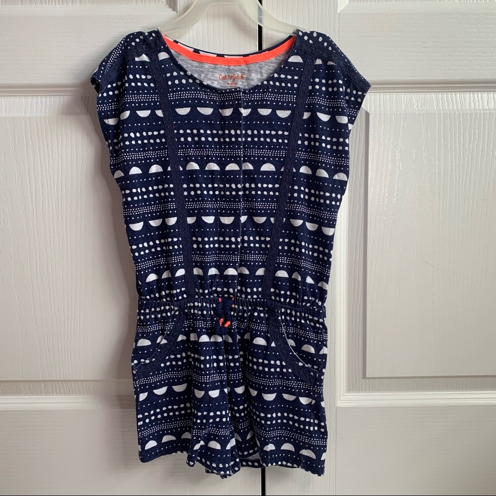 Navy & White button-up romper with pockets
